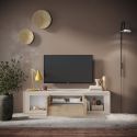 Meuble TV 2 portes 1 tiroirs 1 niche beige poudré façades aspect bois finition Cadiz piètement socle - AZONTO