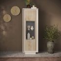 Vitrine 1 porte beige poudré façades aspect bois finition Cadiz et verre piètement socle - AZONTO