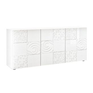 Buffet 3 portes blanc laqué sérigraphies multi-motifs - JUAN