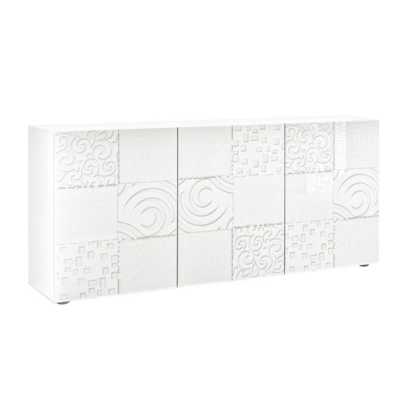 Buffet 3 portes blanc laqué sérigraphies multi-motifs - JUAN