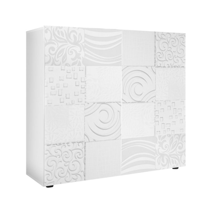 Rangement 2 portes blanc laqué sérigraphies multi-motifs - JUAN