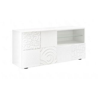 Meuble TV 1 porte blanc laqué sérigraphies multi-motifs - JUAN