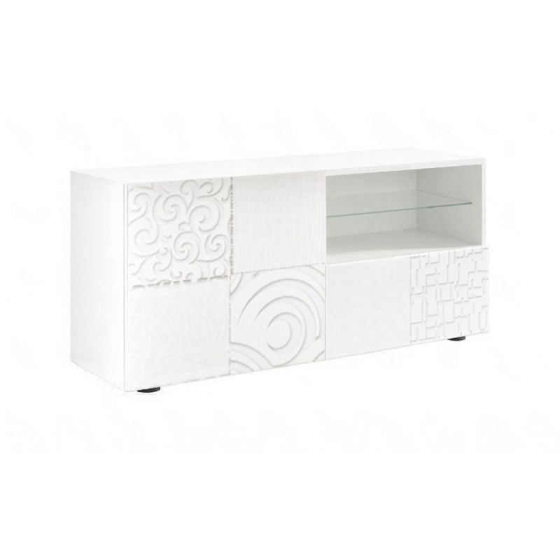 Meuble TV 1 porte blanc laqué sérigraphies multi-motifs - JUAN