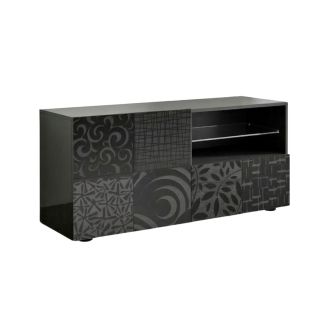 Meuble TV 1 porte anthracite laqué sérigraphies multi-motifs - JUAN