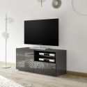 Meuble TV 1 porte anthracite laqué sérigraphies multi-motifs - JUAN