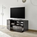 Meuble TV 1 porte anthracite laqué sérigraphies multi-motifs - JUAN