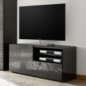 Meuble TV 1 porte anthracite laqué sérigraphies multi-motifs - JUAN