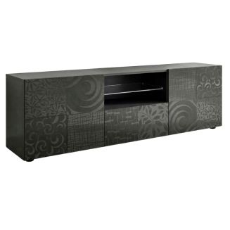 Meuble TV 2 portes anthracite laqué sérigraphies multi-motifs - JUAN