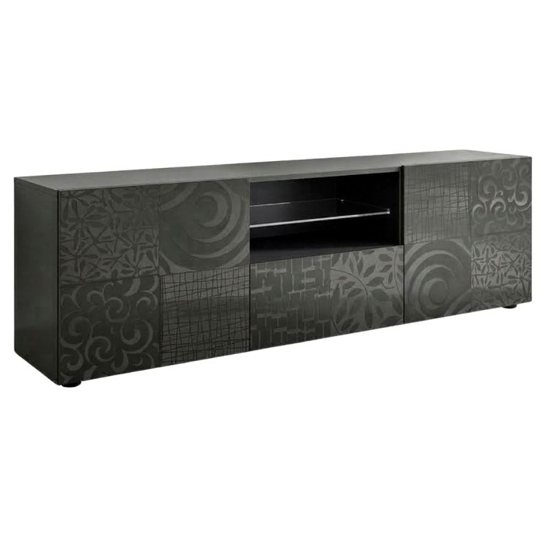 Meuble TV 2 portes anthracite laqué sérigraphies multi-motifs - JUAN