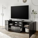 Meuble TV 2 portes anthracite laqué sérigraphies multi-motifs - JUAN