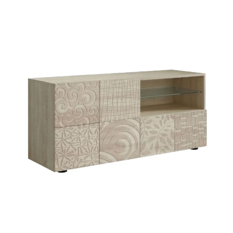 Meuble TV 1 porte aspect bois samoa sérigraphies multi-motifs - JUAN