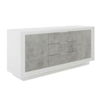 Buffet 2 portes 3 tiroirs blanc laqué façades aspect ciment piètement socle - AZONTO