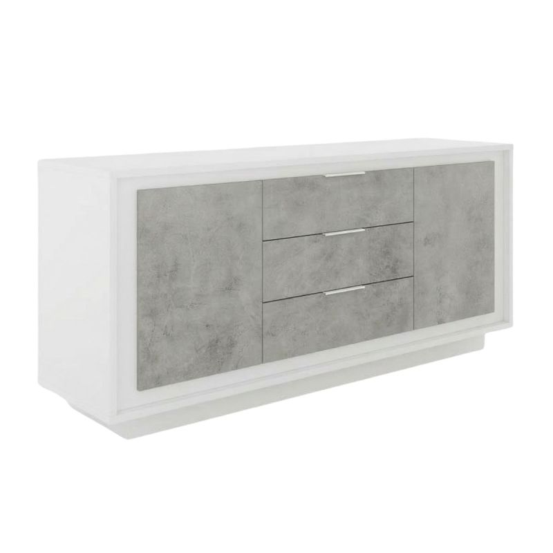 Buffet 2 portes 3 tiroirs blanc laqué façades aspect ciment piètement socle - AZONTO