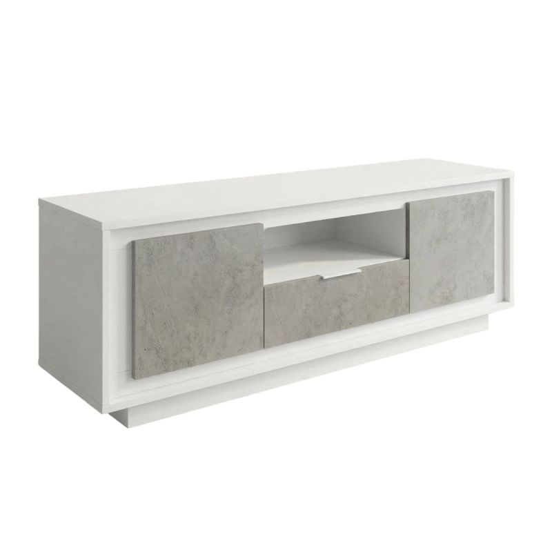Meuble TV 2 portes 1 tiroirs 1 niche blanc laqué façades aspect ciment piètement socle - AZONTO