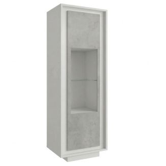 Vitrine 1 porte blanc laqué façades aspect ciment et verre piètement socle - AZONTO