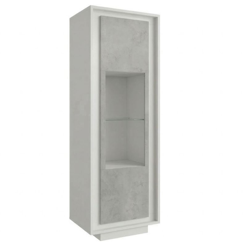 Vitrine 1 porte blanc laqué façades aspect ciment et verre piètement socle - AZONTO