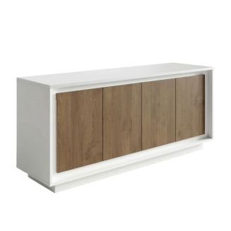 Buffet 4 portes blanc laqué façades aspect bois finition Mercure piètement socle - AZONTO