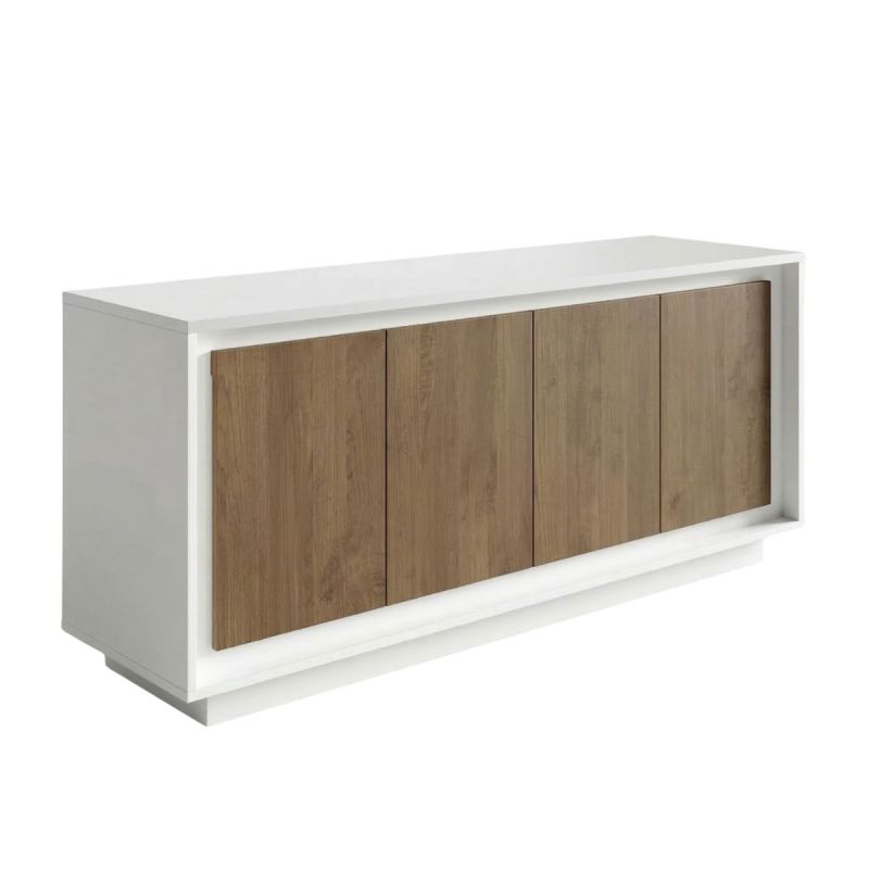 Buffet 4 portes blanc laqué façades aspect bois finition Mercure piètement socle - AZONTO