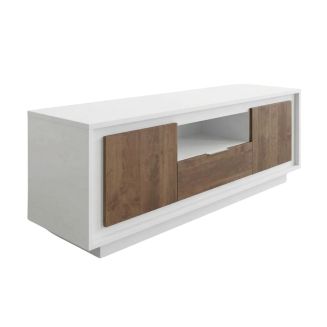 Meuble TV 2 portes 1 tiroirs 1 niche blanc laqué façades aspect bois finition Mercure piètement socle - AZONTO