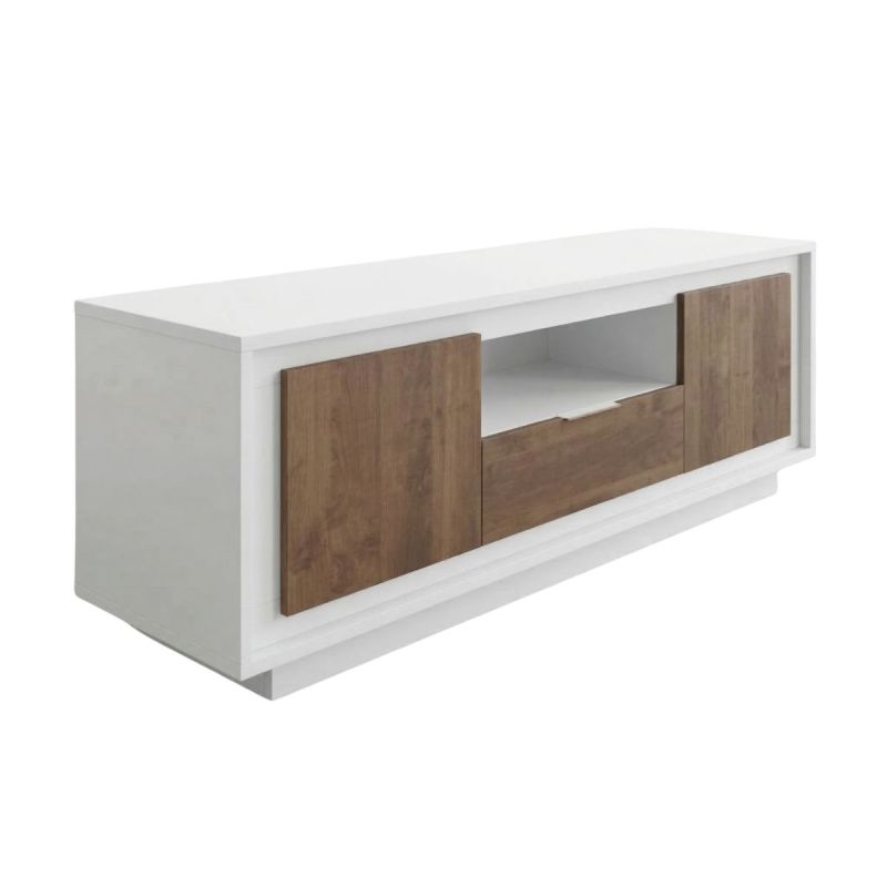 Meuble TV 2 portes 1 tiroirs 1 niche blanc laqué façades aspect bois finition Mercure piètement socle - AZONTO