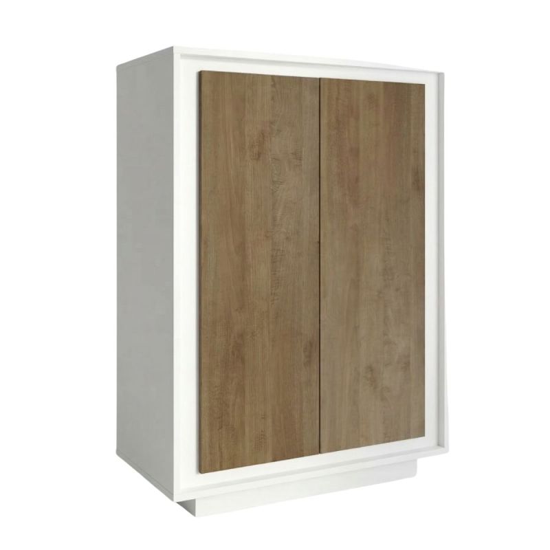 Rangement 2 portes blanc laqué façades aspect bois finition Mercure piètement socle - AZONTO