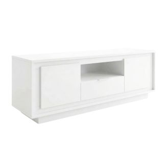 Meuble TV 2 portes 1 tiroirs 1 niche blanc laqué piètement socle - AZONTO