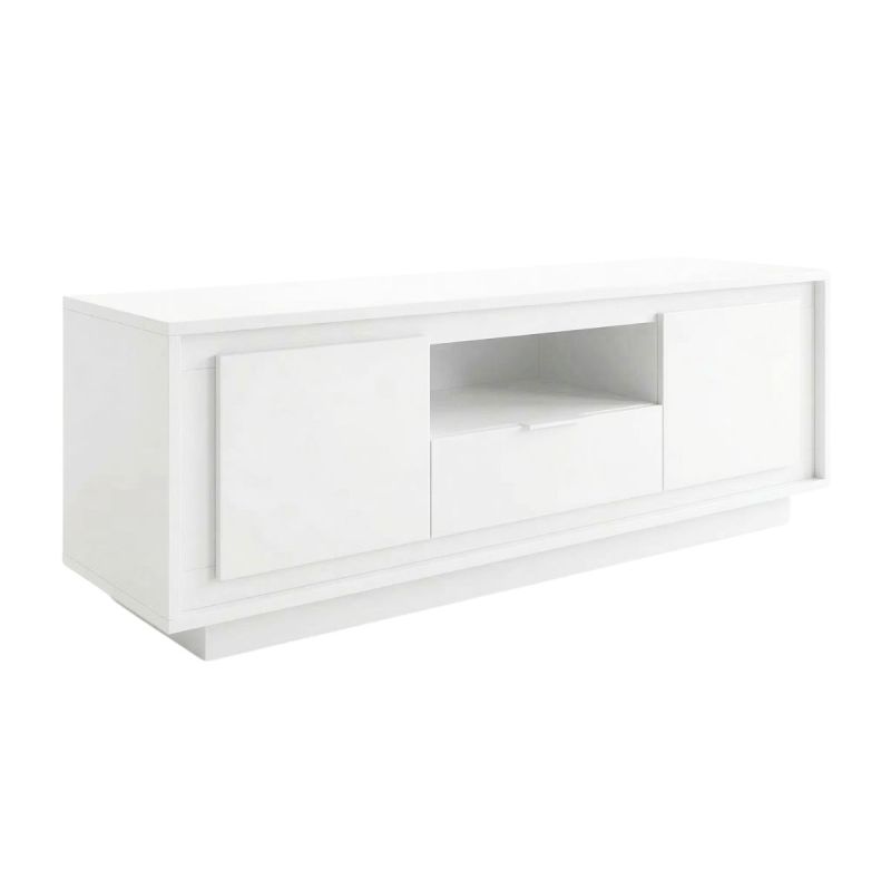 Meuble TV 2 portes 1 tiroirs 1 niche blanc laqué piètement socle - AZONTO