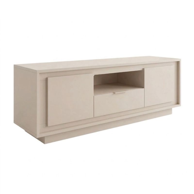 Meuble TV 2 portes 1 tiroirs 1 niche beige poudré piètement socle - AZONTO