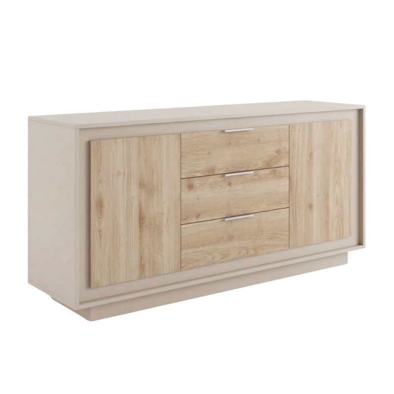 Buffet 2 portes 3 tiroirs beige poudré façades aspect bois finition Cadiz piètement socle - AZONTO