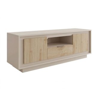 Meuble TV 2 portes 1 tiroirs 1 niche beige poudré façades aspect bois finition Cadiz piètement socle - AZONTO