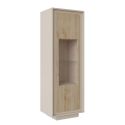 Vitrine 1 porte beige poudré façades aspect bois finition Cadiz et verre piètement socle - AZONTO