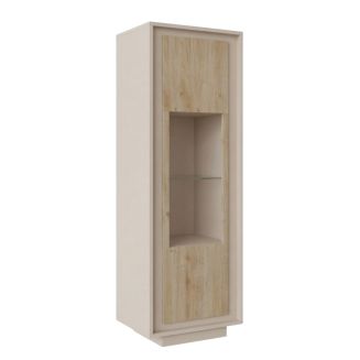 Vitrine 1 porte beige poudré façades aspect bois finition Cadiz et verre piètement socle - AZONTO