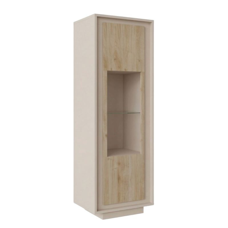Vitrine 1 porte beige poudré façades aspect bois finition Cadiz et verre piètement socle - AZONTO