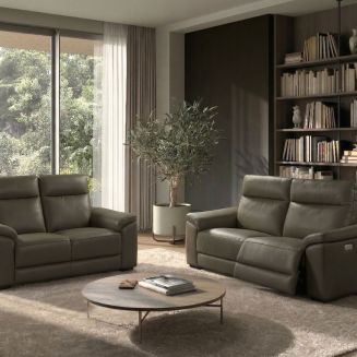 Canapé Relax Electrique 3 Places + Canapé 2 Places Fixe en cuir taupe foncé - STANLEY