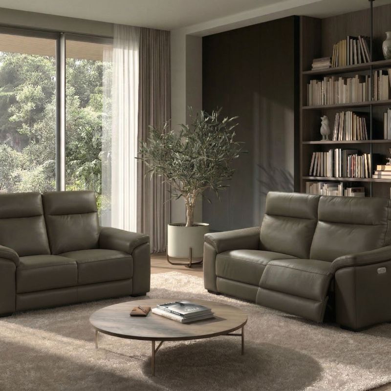 Canapé Relax Electrique 3 Places + Canapé 2 Places Fixe en cuir taupe foncé - STANLEY