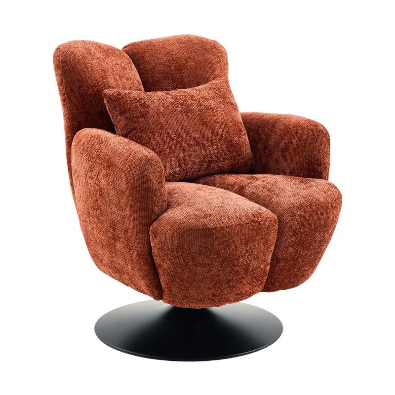 Fauteuil lounge pivotant avec accoudoir en tissu chenillé terracotta piètement socle métal noir - GOTHAM