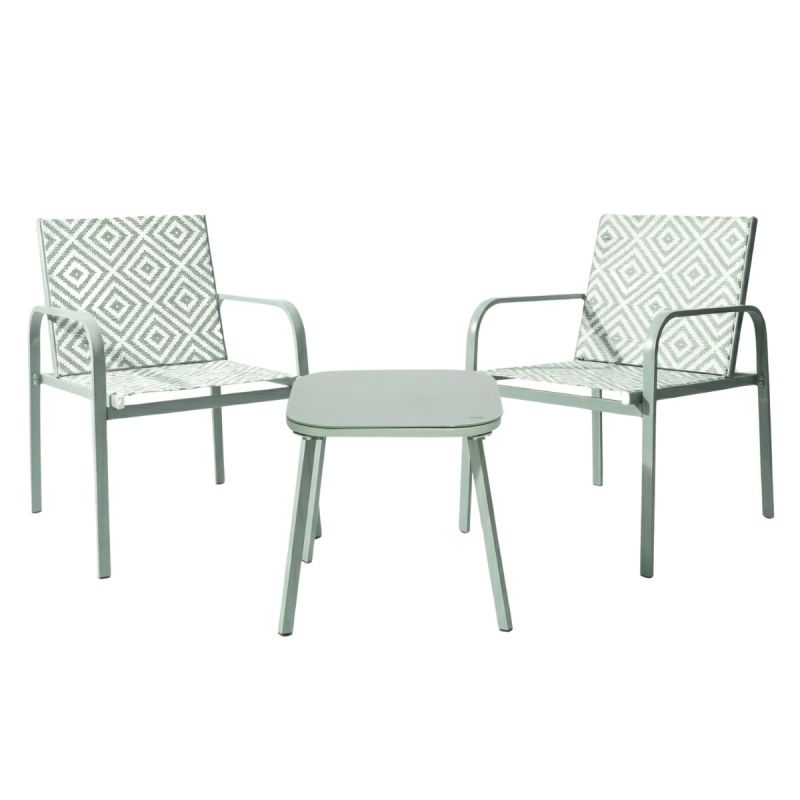 Ensemble jardin 2 fauteuils avec table basse motifs graphiques verts d'eau - AZTEK