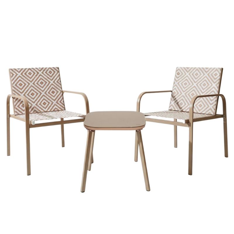 Ensemble jardin 2 fauteuils avec table basse motifs graphiques moka - AZTEK