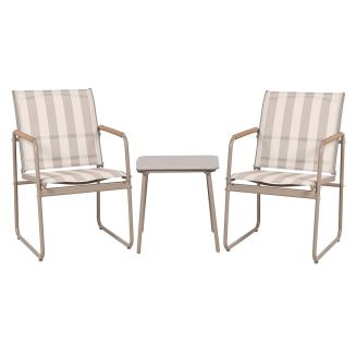 Ensemble jardin 2 fauteuils avec table basse motifs rayures moka et crème - CALICO