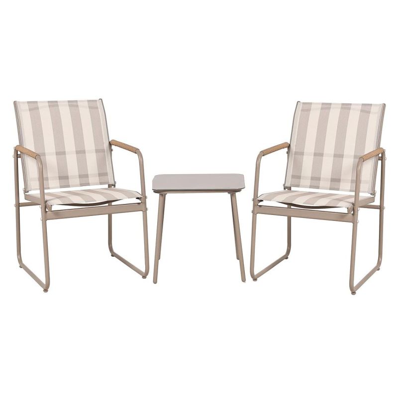 Ensemble jardin 2 fauteuils avec table basse motifs rayures moka et crème - CALICO