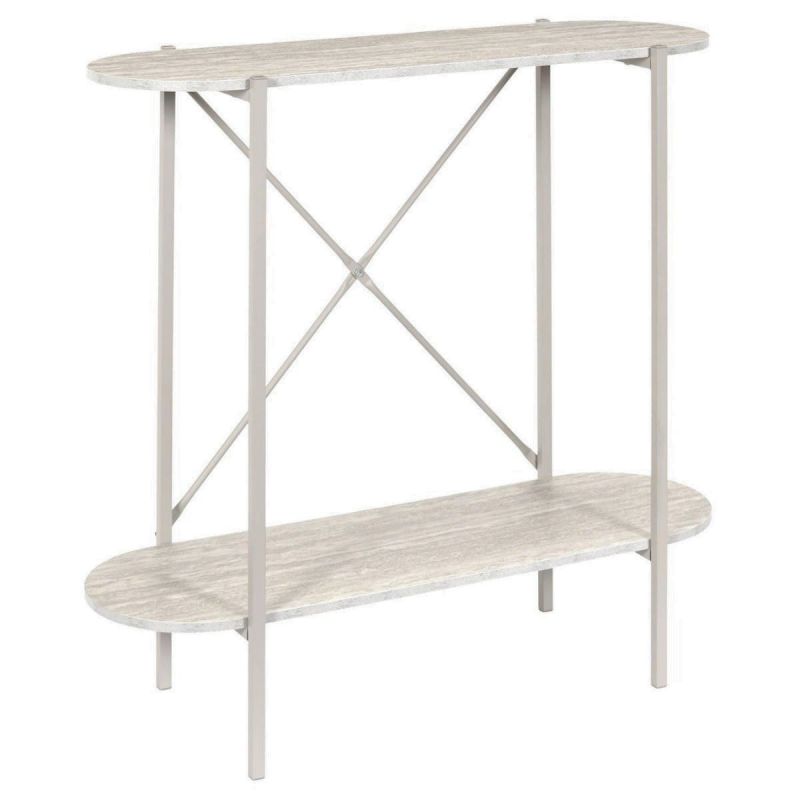 Console 2 niveaux en métal laqué beige plateaux aspect pierre naturelle - SHANON