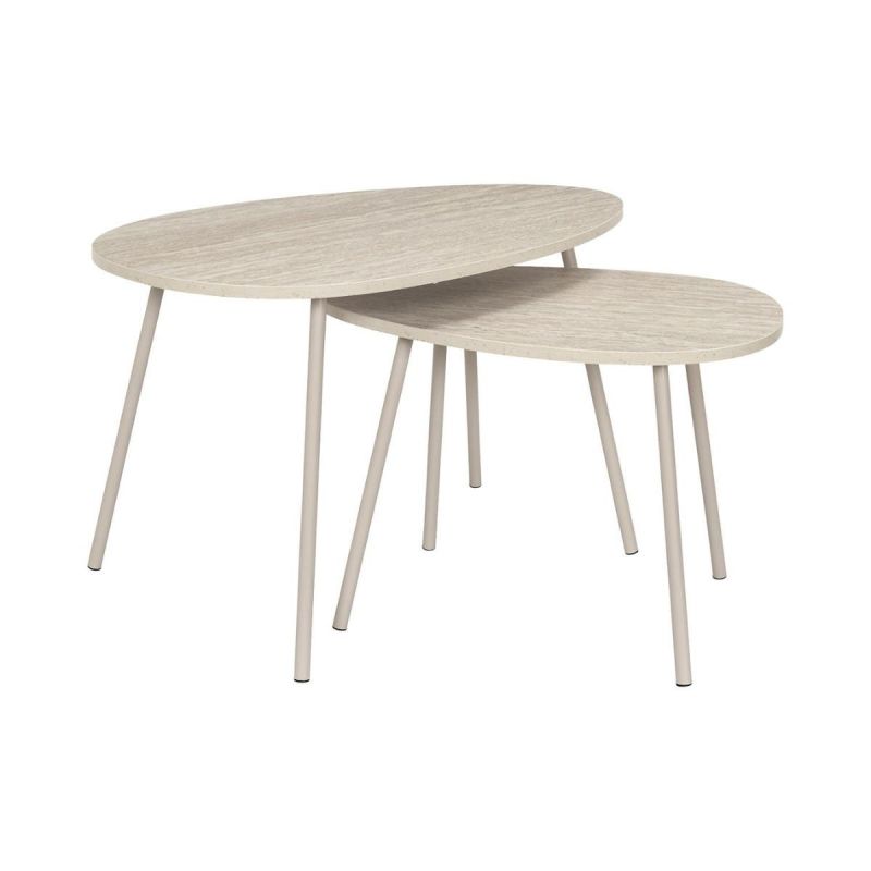 Tables gigogne plateaux aspect pierre naturelle 4 pieds métal laqué beige - SHANON