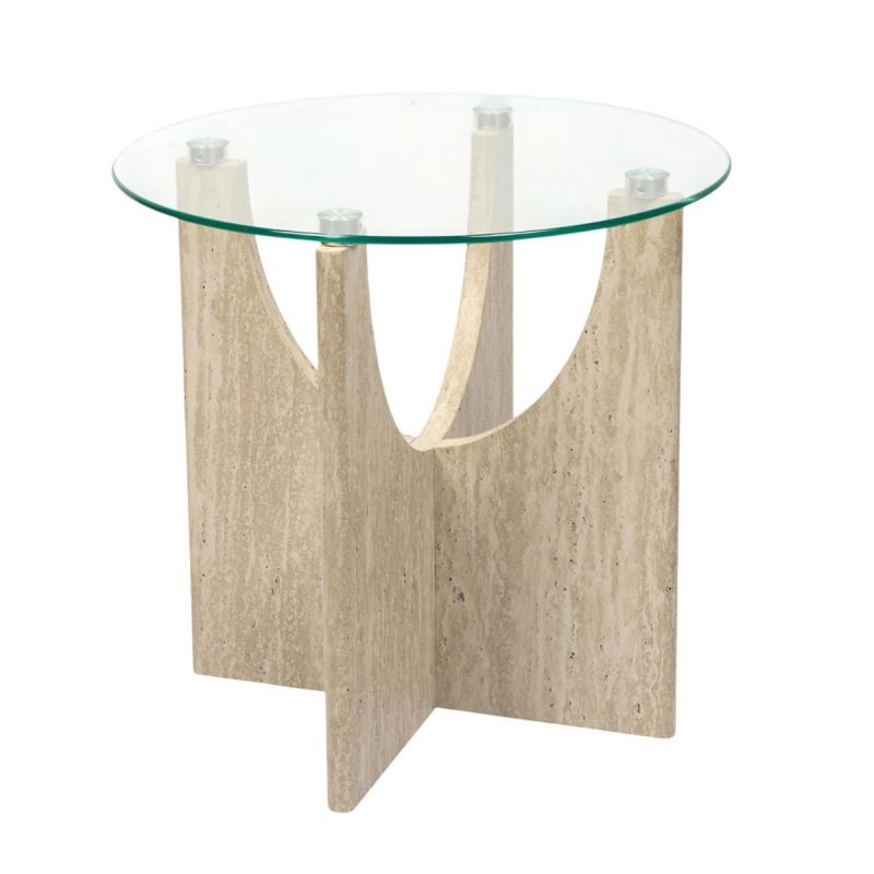 Table d'appoint Ø45cm plateau verre et piétement en MDF aspect travertin - VERTINA