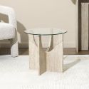 Table d'appoint Ø45cm plateau verre et piétement en MDF aspect travertin - VERTINA