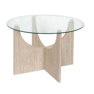 Table basse Ø70cm plateau verre et piétement en MDF aspect travertin - VERTINA