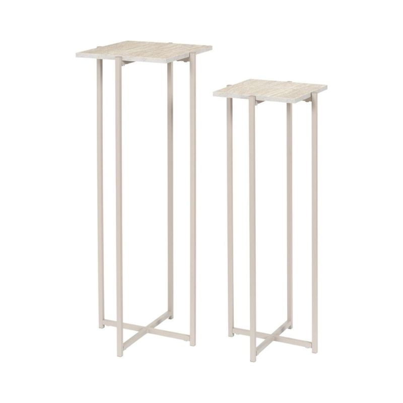 Sellettes gigogne plateaux aspect pierre naturelle piétements métal laqué beige - SHANON