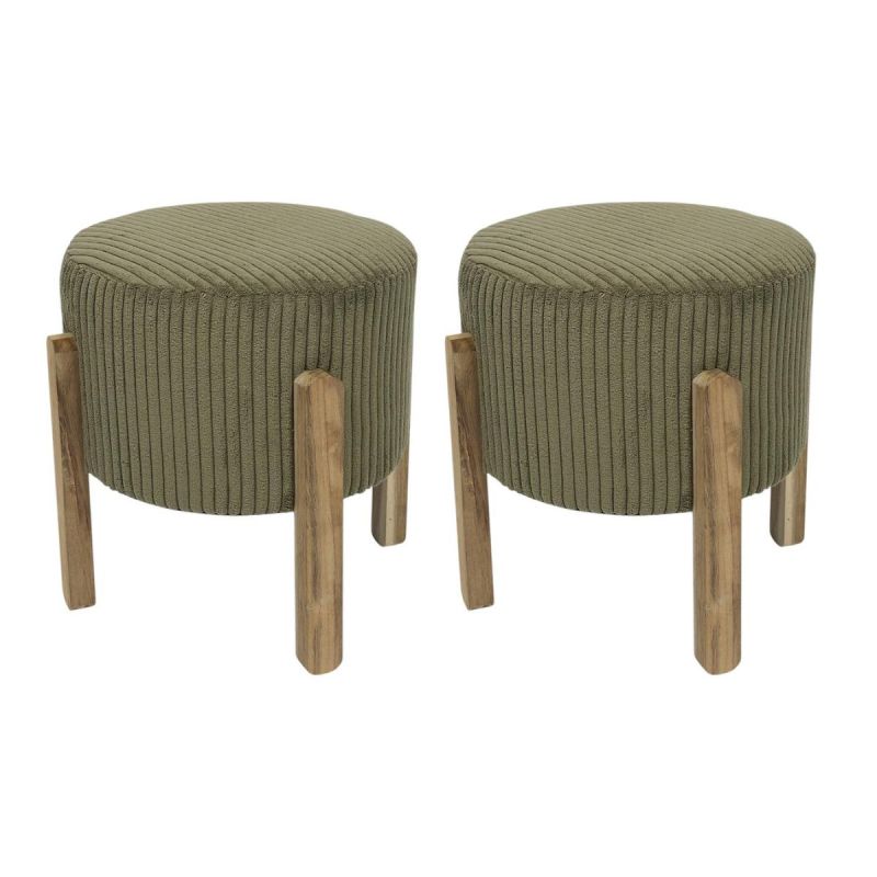 Lot de 2 Tabourets en velours côtelé coloris vert pieds en acacia - AMORY