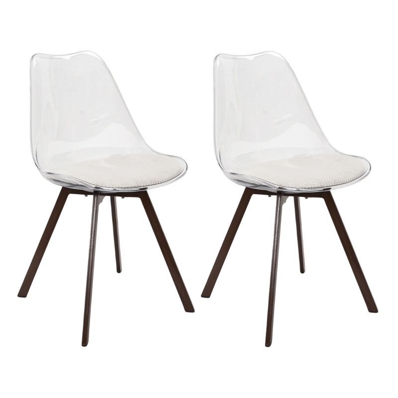 Lot de 2 chaises coque transparente coussin assise en velours côtelé crème - MOARY