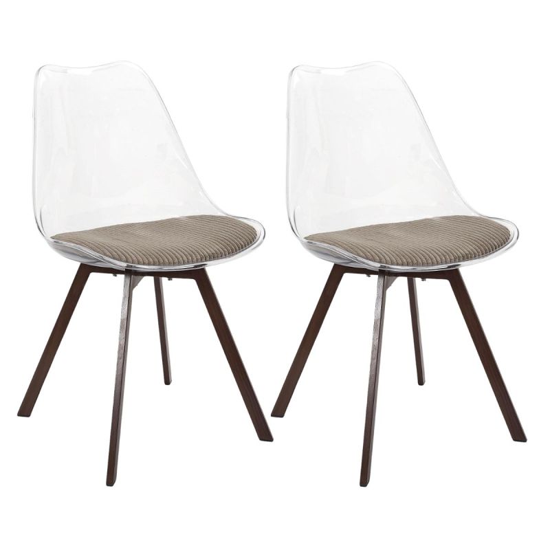 Lot de 2 chaises coque transparente coussin assise en velours côtelé taupe - MOARY