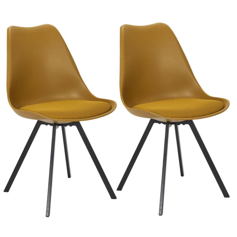Lot de 2 chaises coque plastique et coussin en tissu texturé maille 3D jaune - ELECTRON